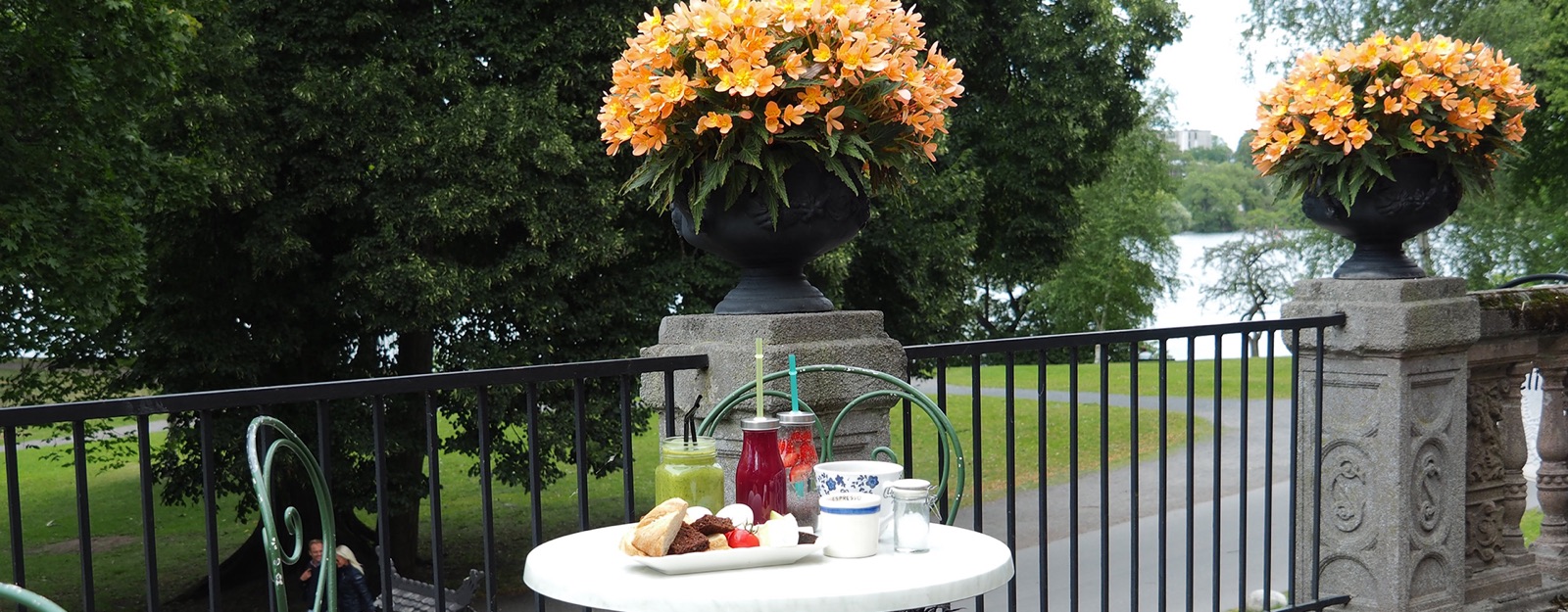 Juicer, smoothies och smörgåsar på ett bord vid räcket, med blomsterurnor och vattnet bakom